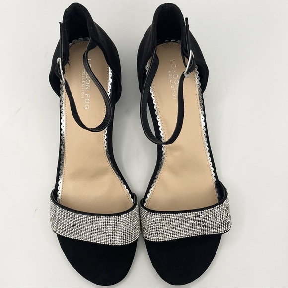 London Fog Nikki2 suede rhinestone block heel black sandals women’s Size 10W - Picture 6 of 12
